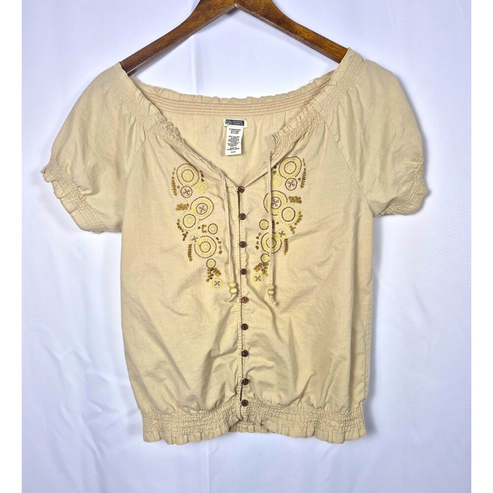 Route 66 Taupe Boho Peasant Blouse Embroidered Smocked Puff Sleeve M Ren Faire